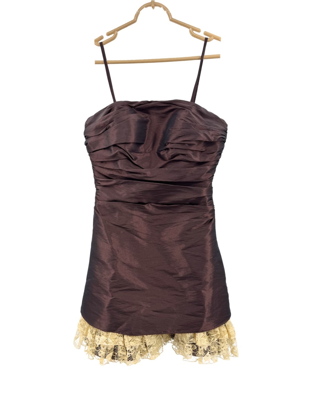 Maggie Sottero Flirt Satin Dress Deep Chocolate Brown lace trim ruffles 4 Y2K - Picture 2 of 10